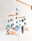 Rabbit mobile with blue flowers