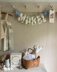 Name banner with blue flowers