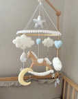 Brown rocking horse mobile with clouds