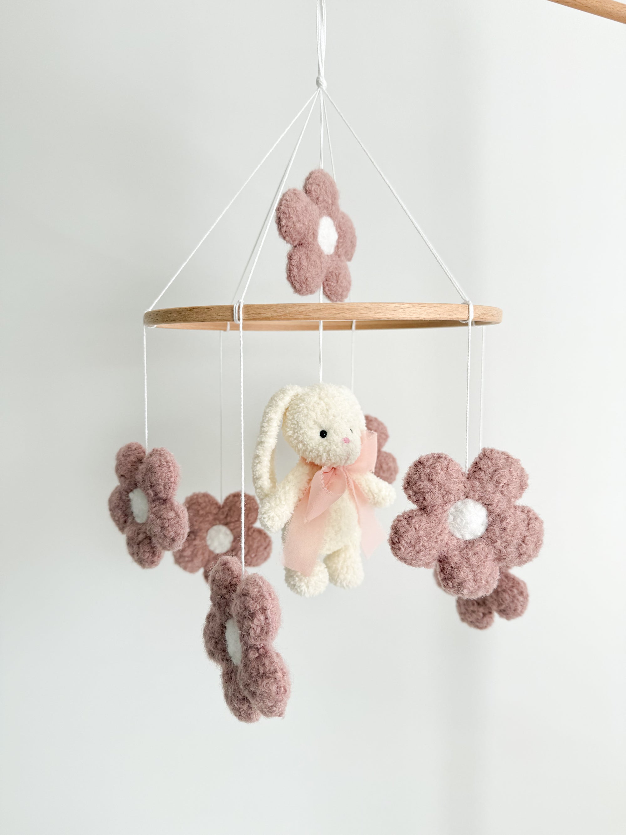 Boucle mobile with ivory bunny and flowers