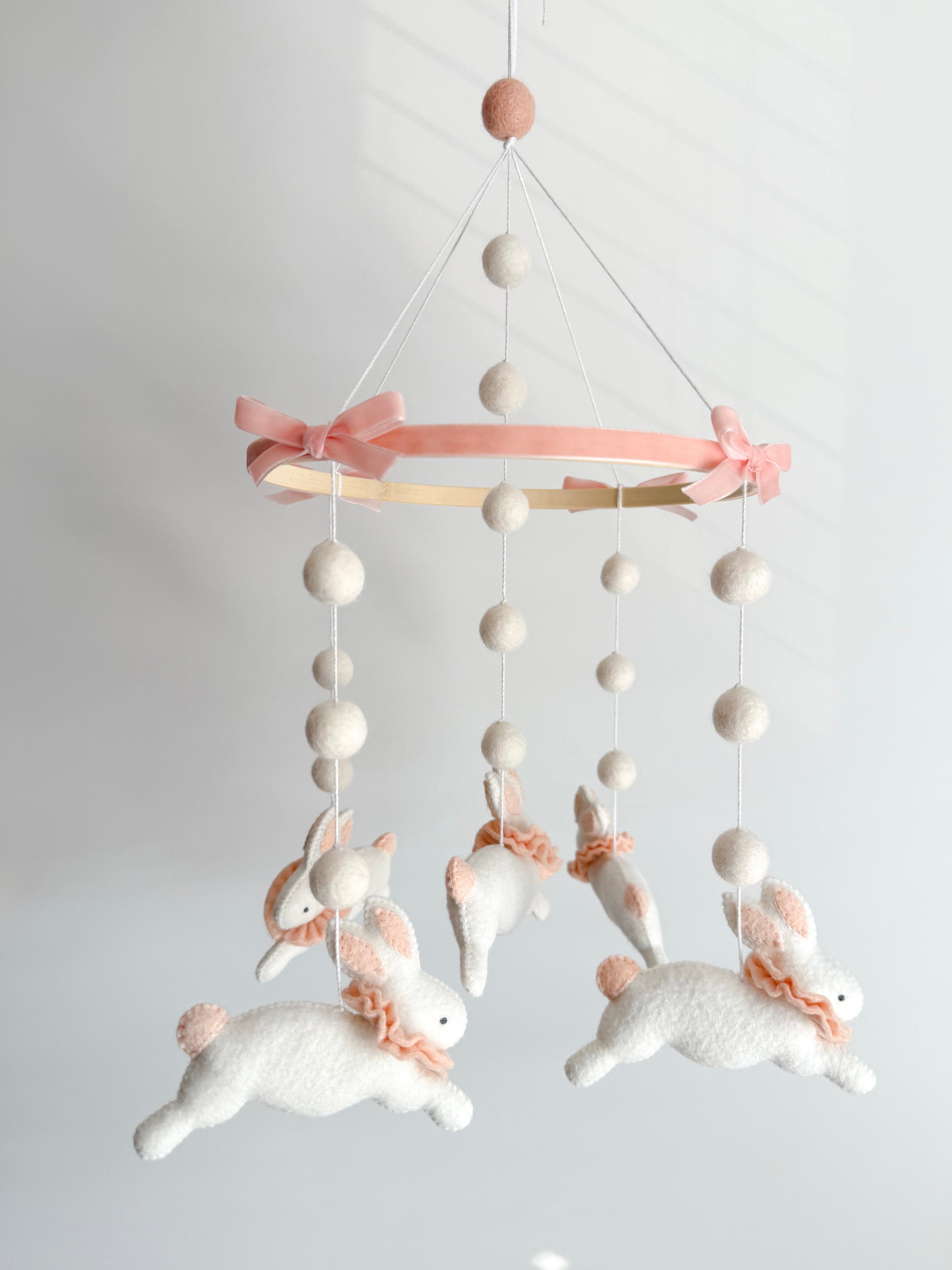 Fairy mobile with bunnies in jabot and pink bows