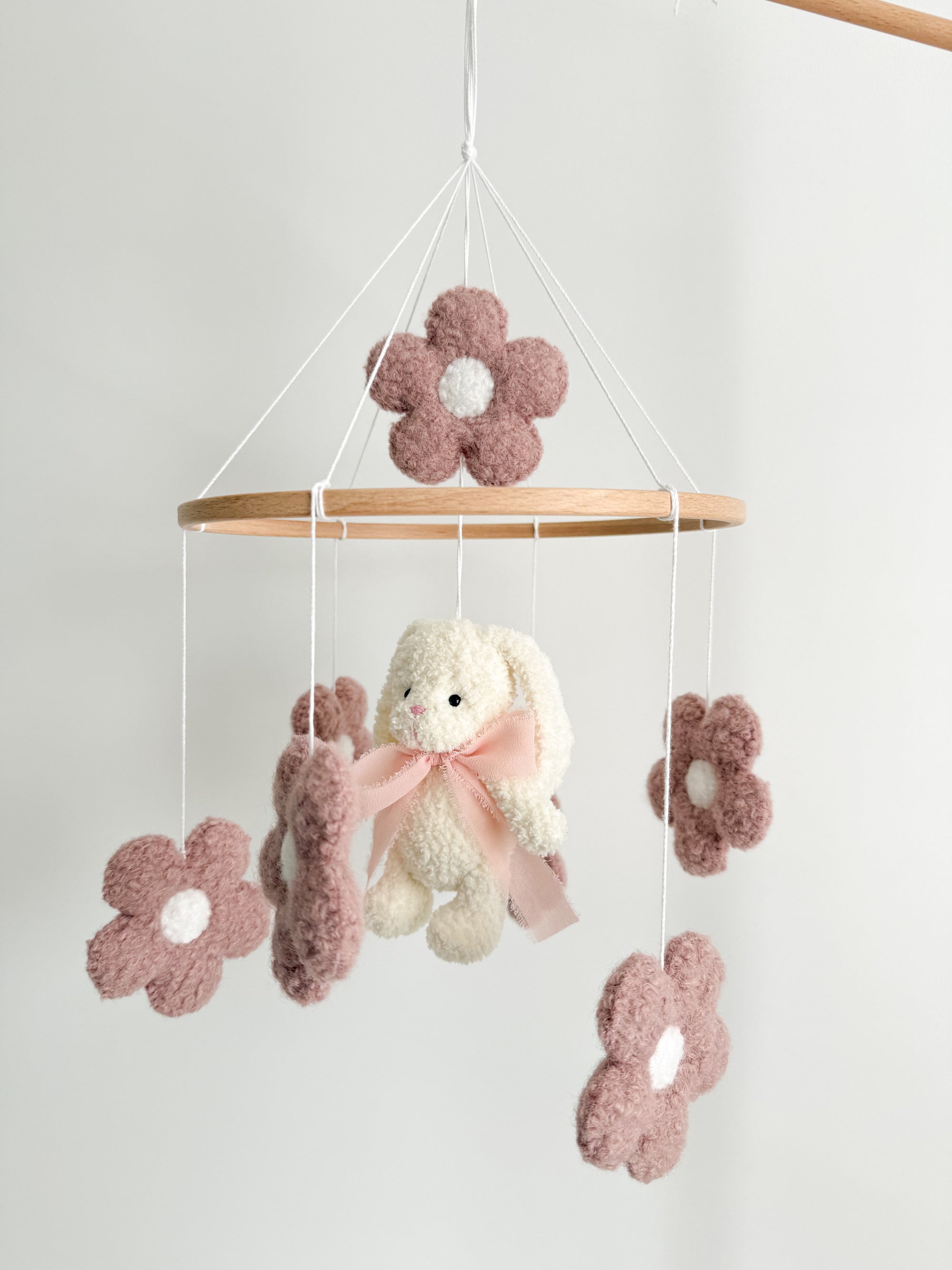 Boucle mobile with ivory bunny and flowers