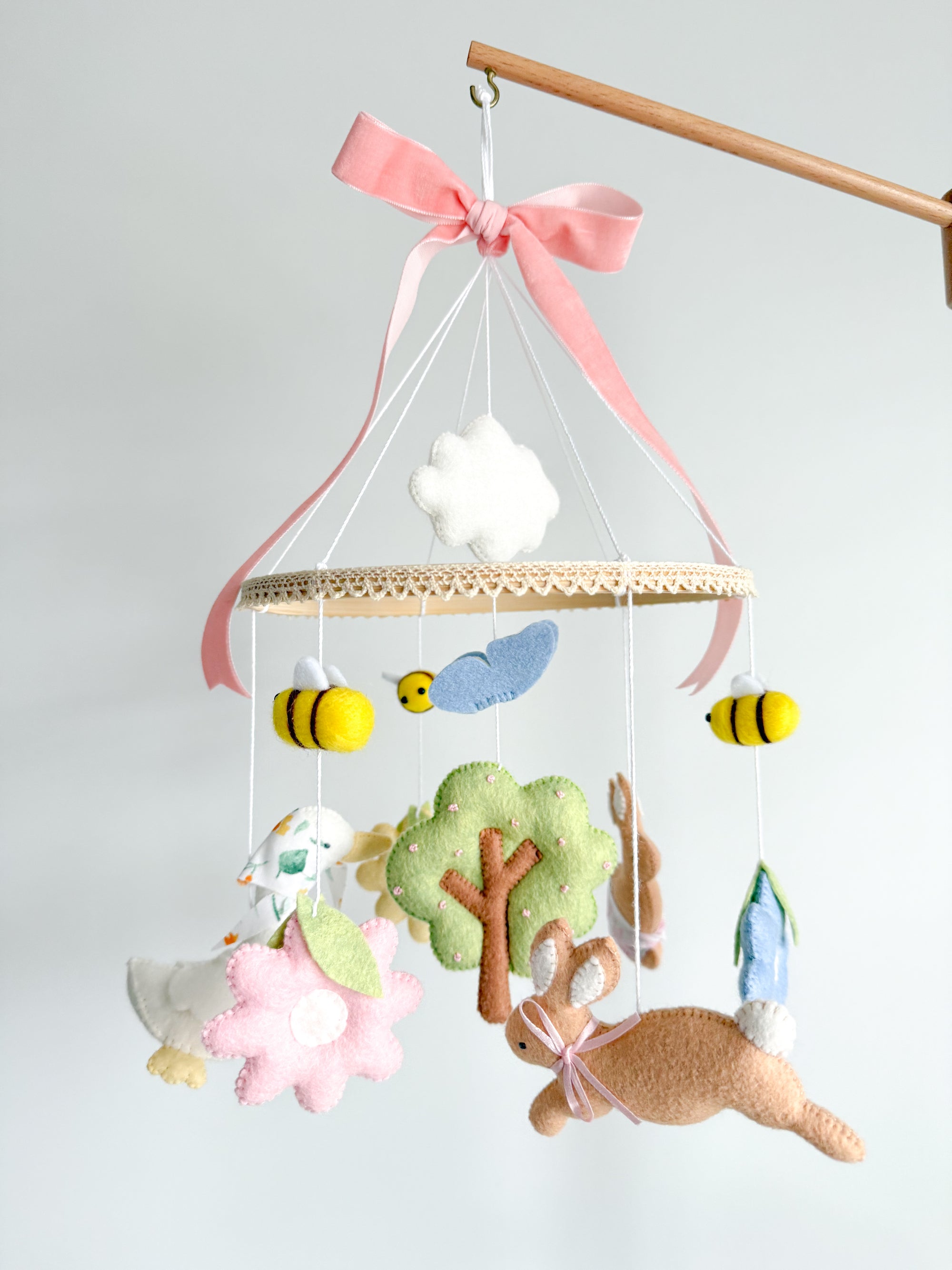 Pink garden rabbit mobile with flowers