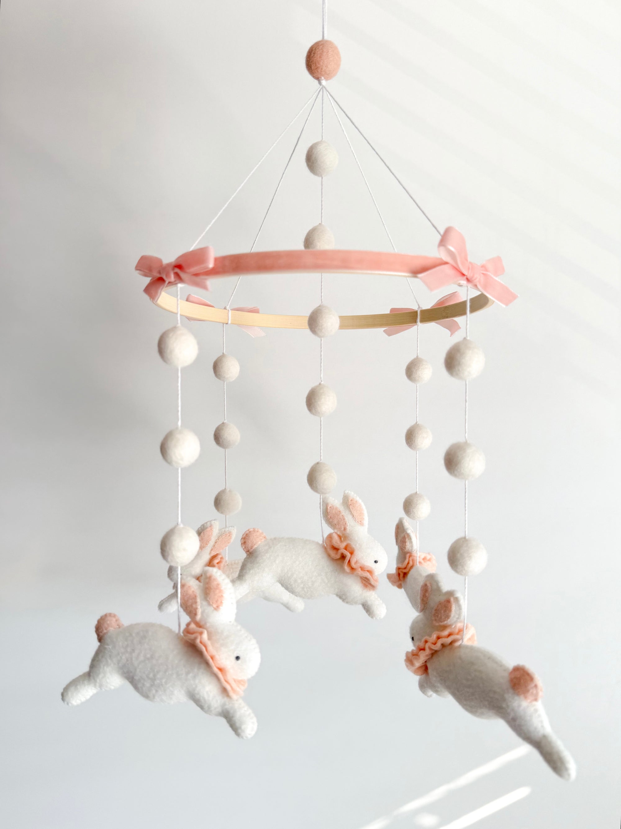 Fairy mobile with bunnies in jabot and pink bows