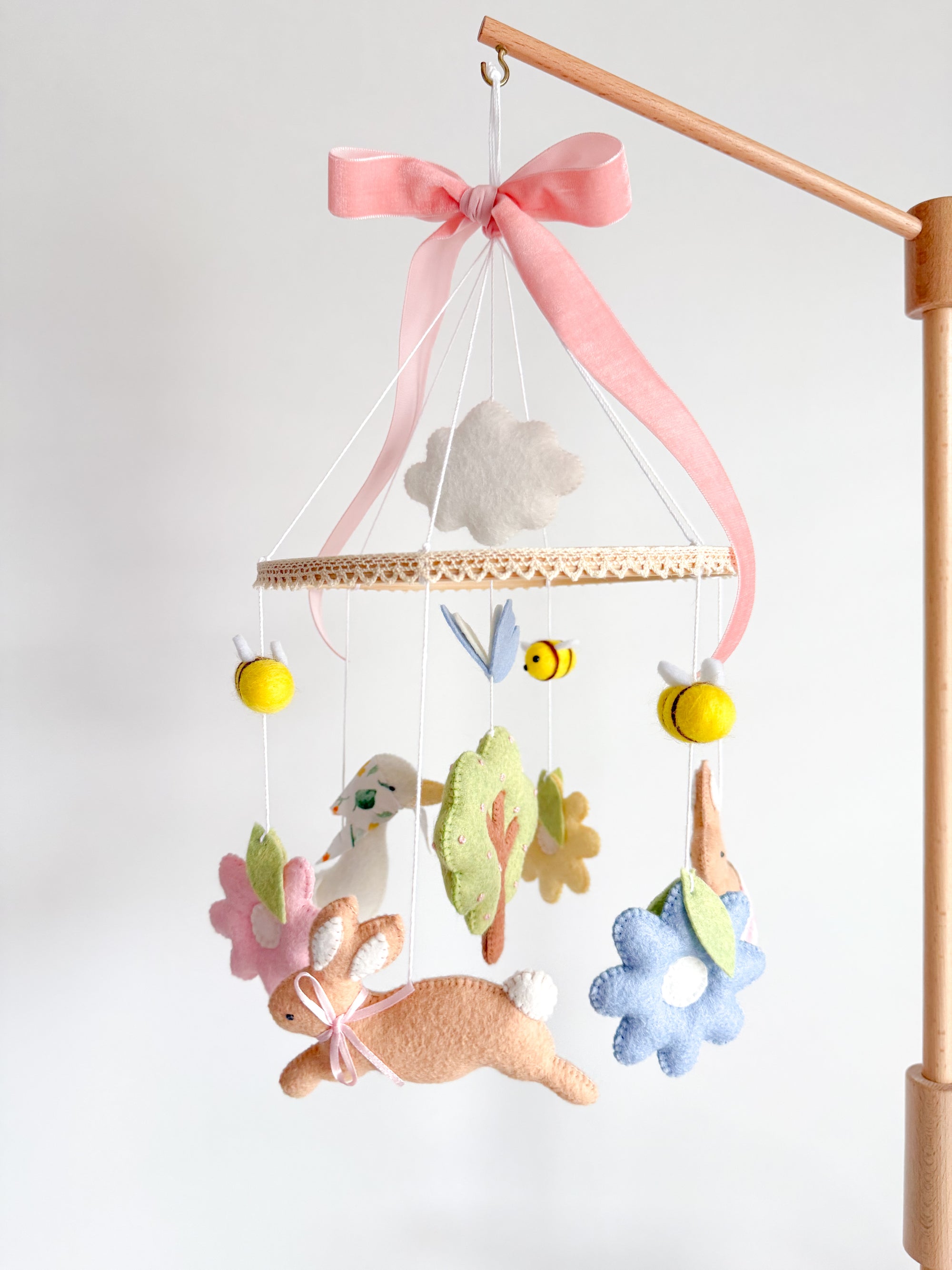Pink garden rabbit mobile with flowers