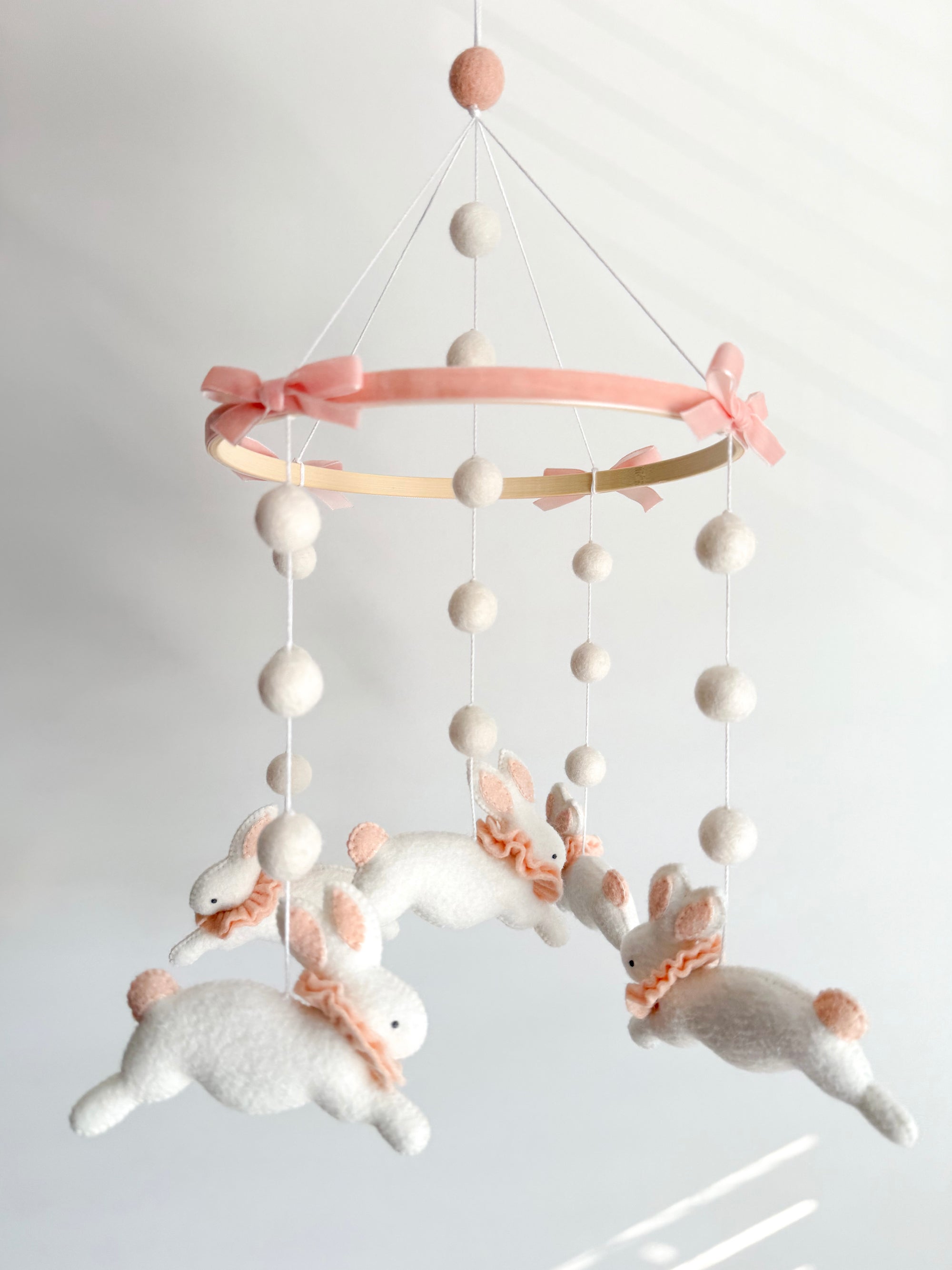 Fairy mobile with bunnies in jabot and pink bows