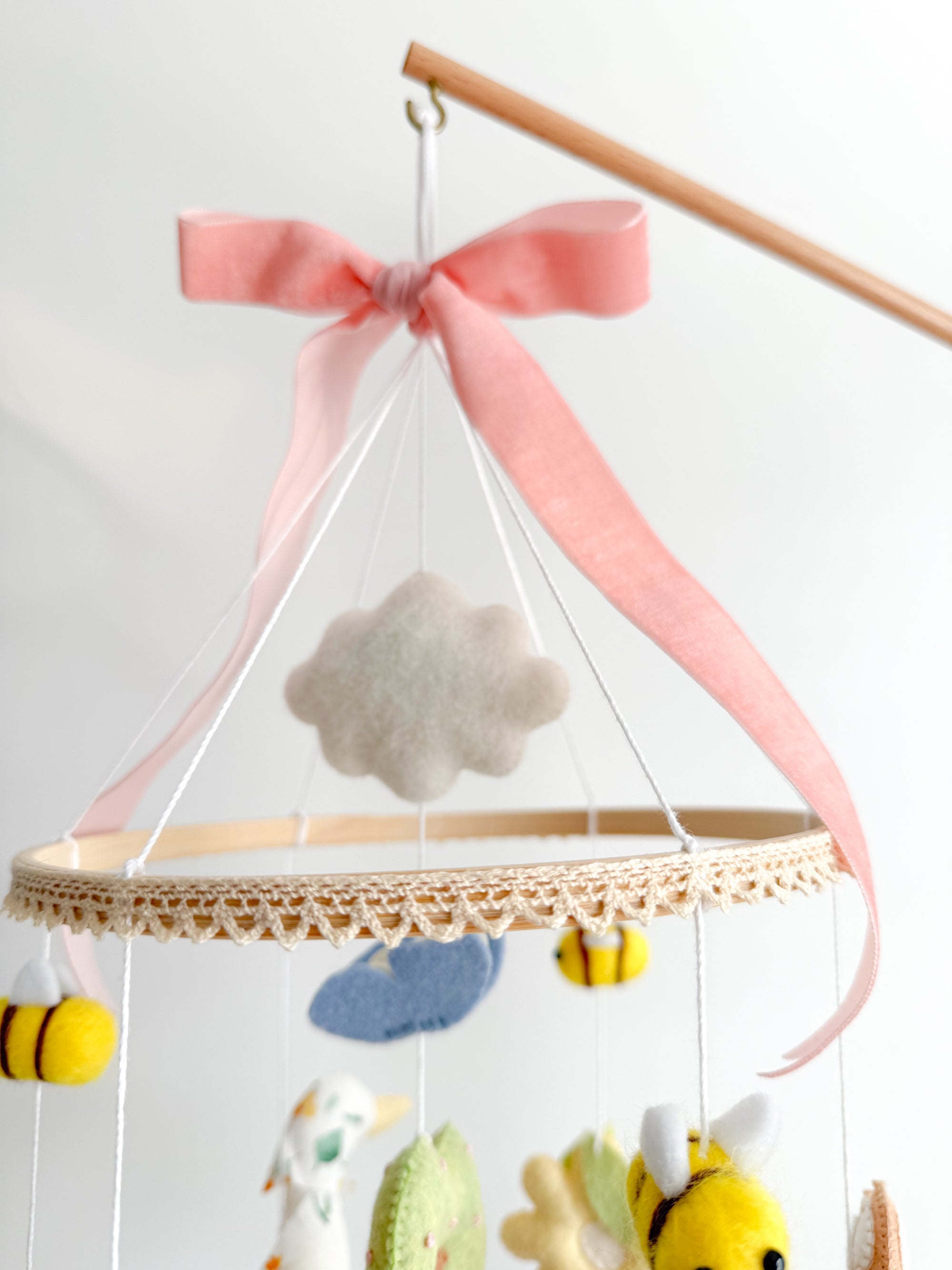 Pink garden rabbit mobile with flowers