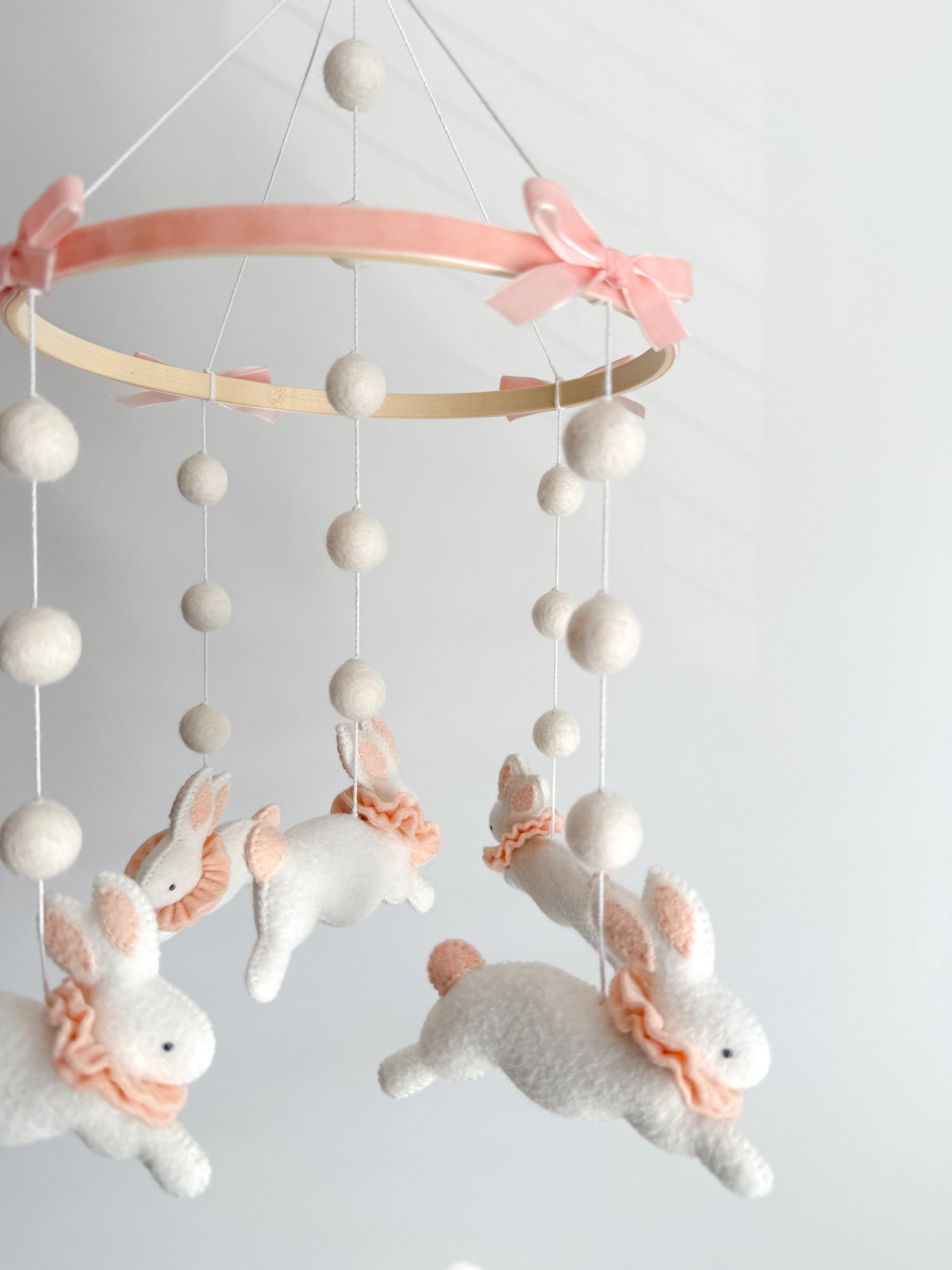Fairy mobile with bunnies in jabot and pink bows