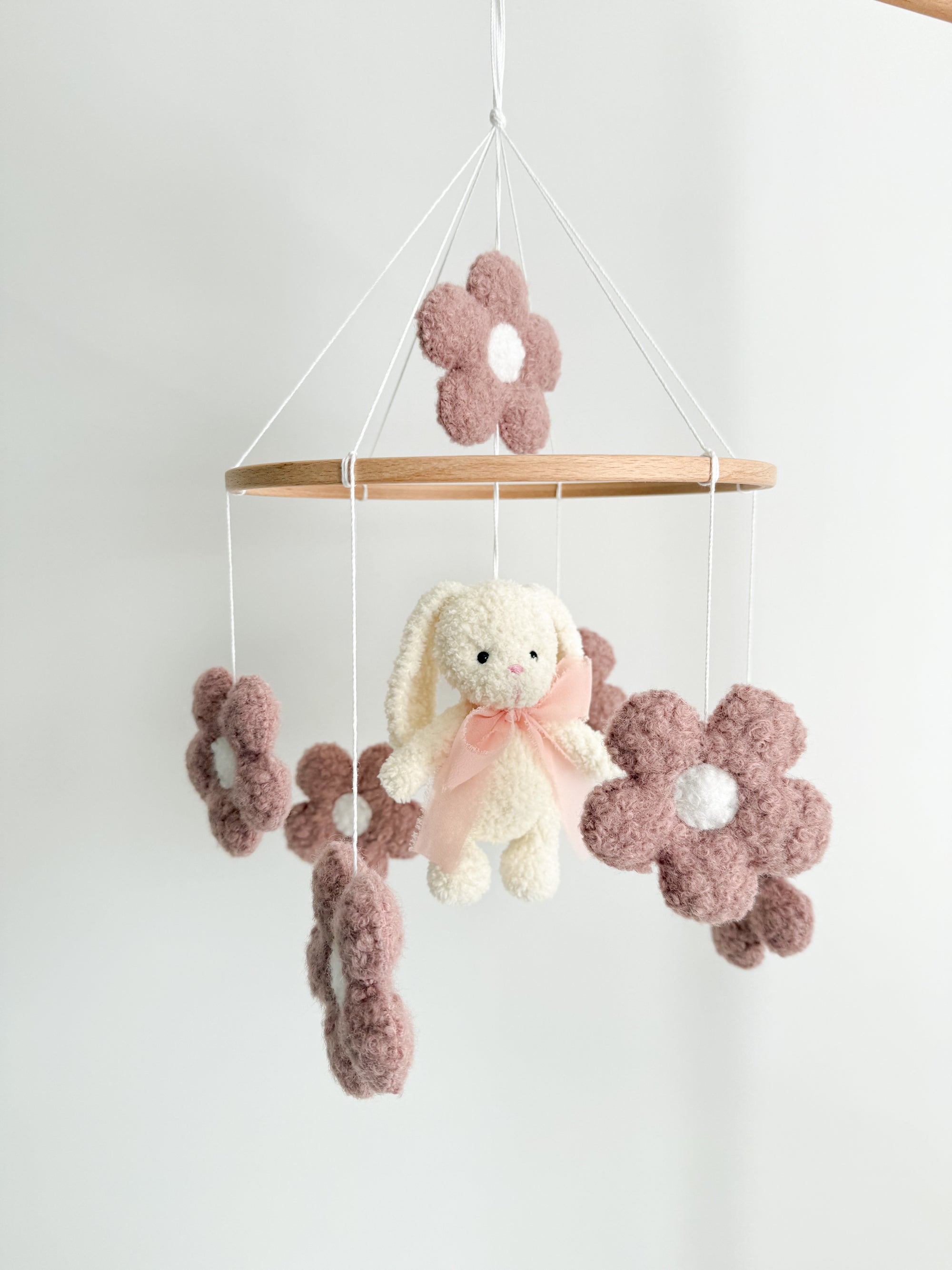 Boucle mobile with ivory bunny and flowers