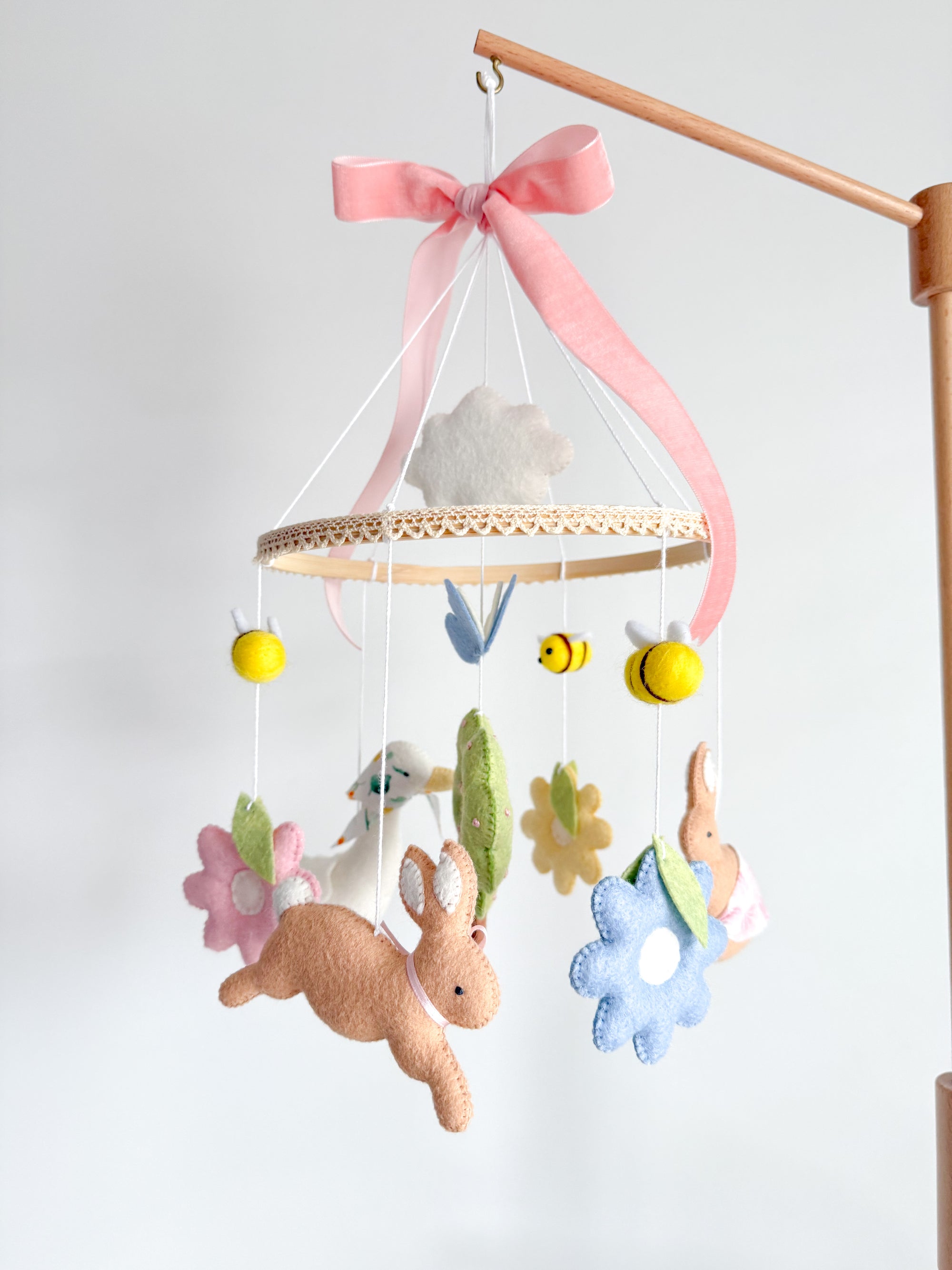 Pink garden rabbit mobile with flowers