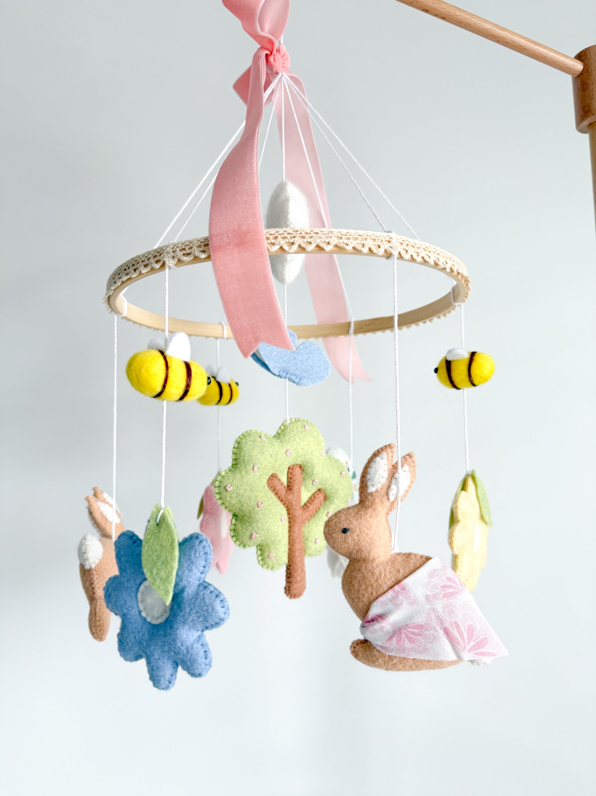 Pink garden rabbit mobile with flowers