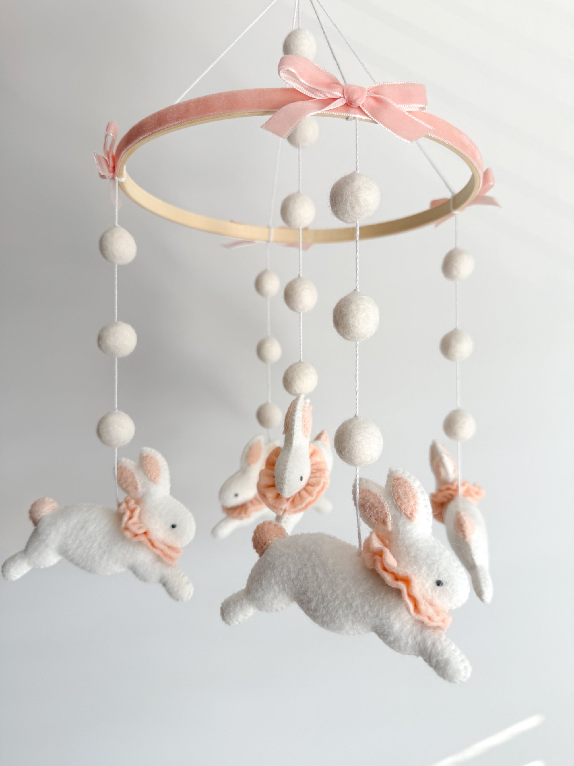 Fairy mobile with bunnies in jabot and pink bows