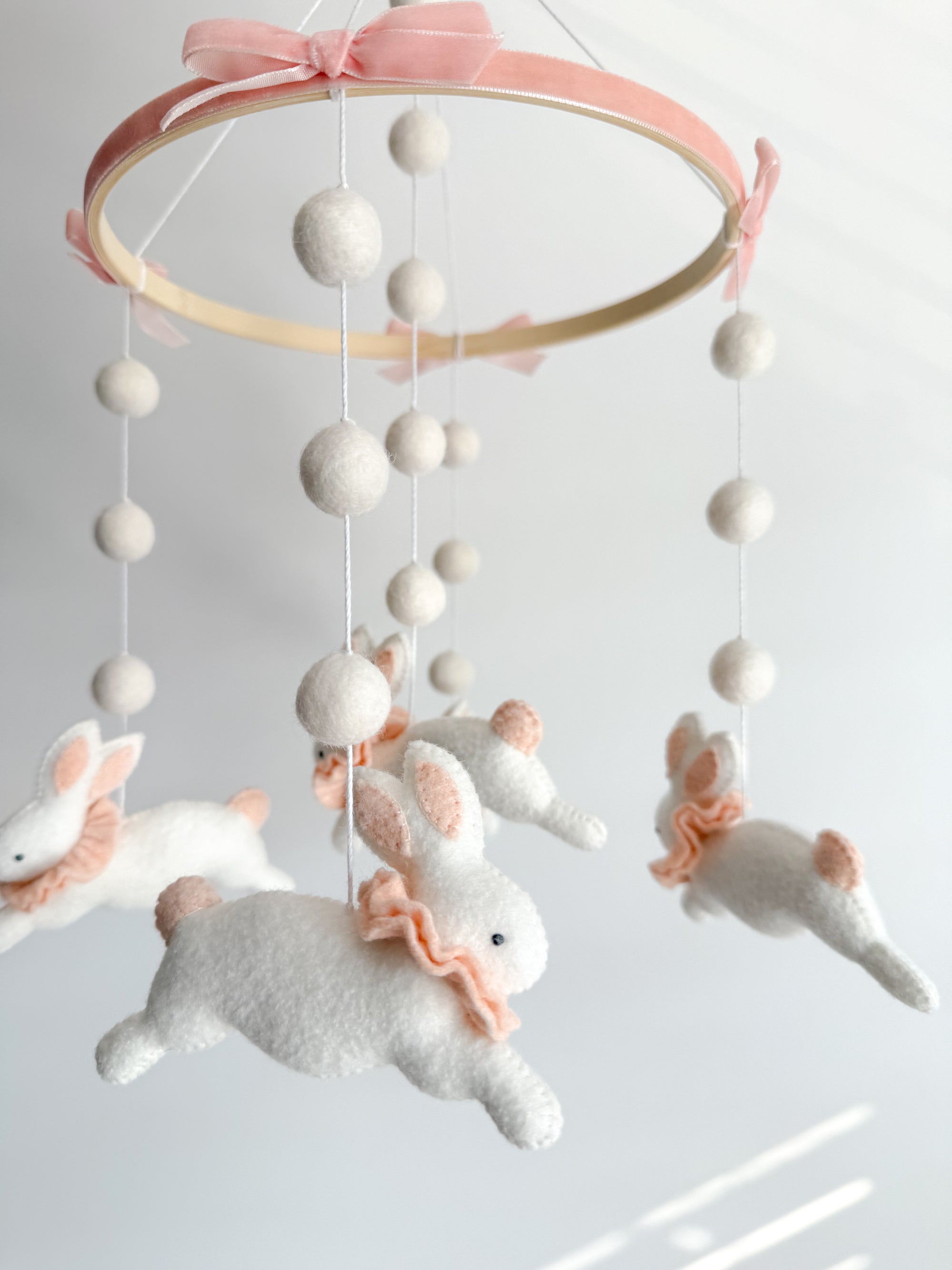 Fairy mobile with bunnies in jabot and pink bows