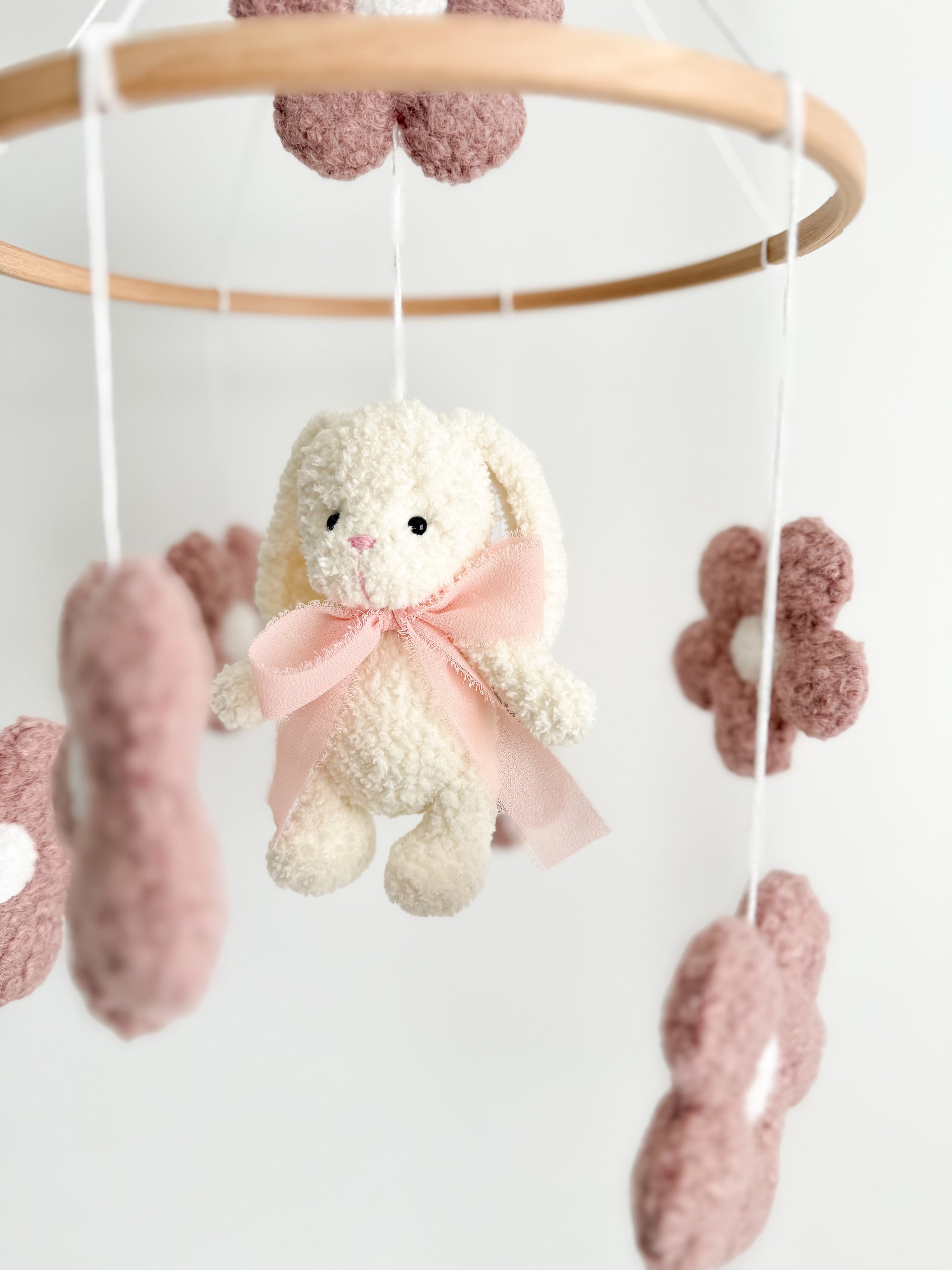 Boucle mobile with ivory bunny and flowers