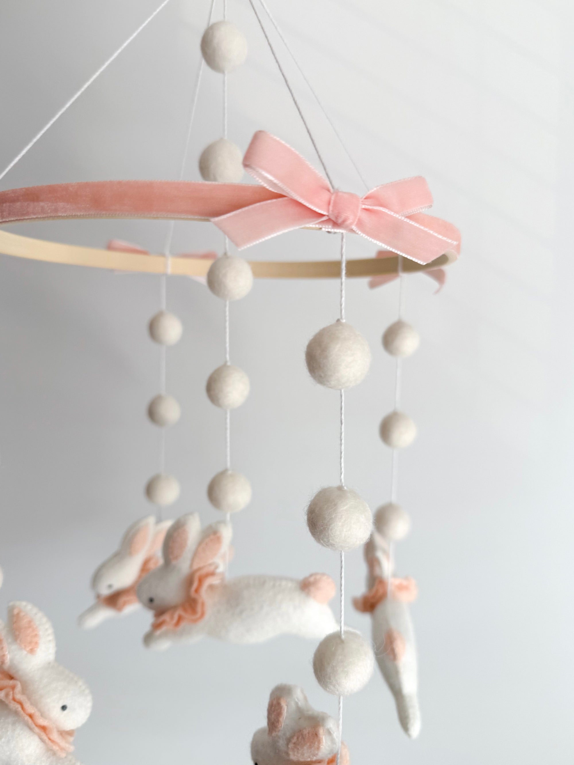 Fairy mobile with bunnies in jabot and pink bows