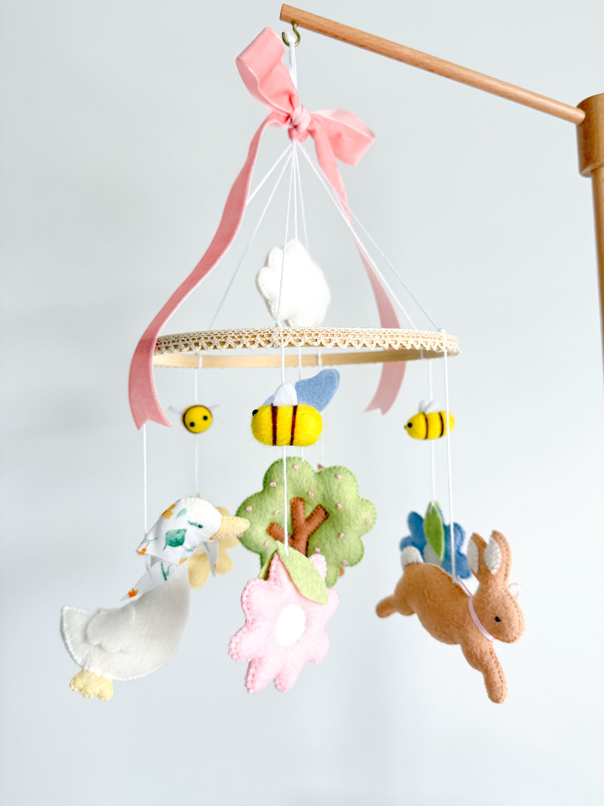 Pink garden rabbit mobile with flowers