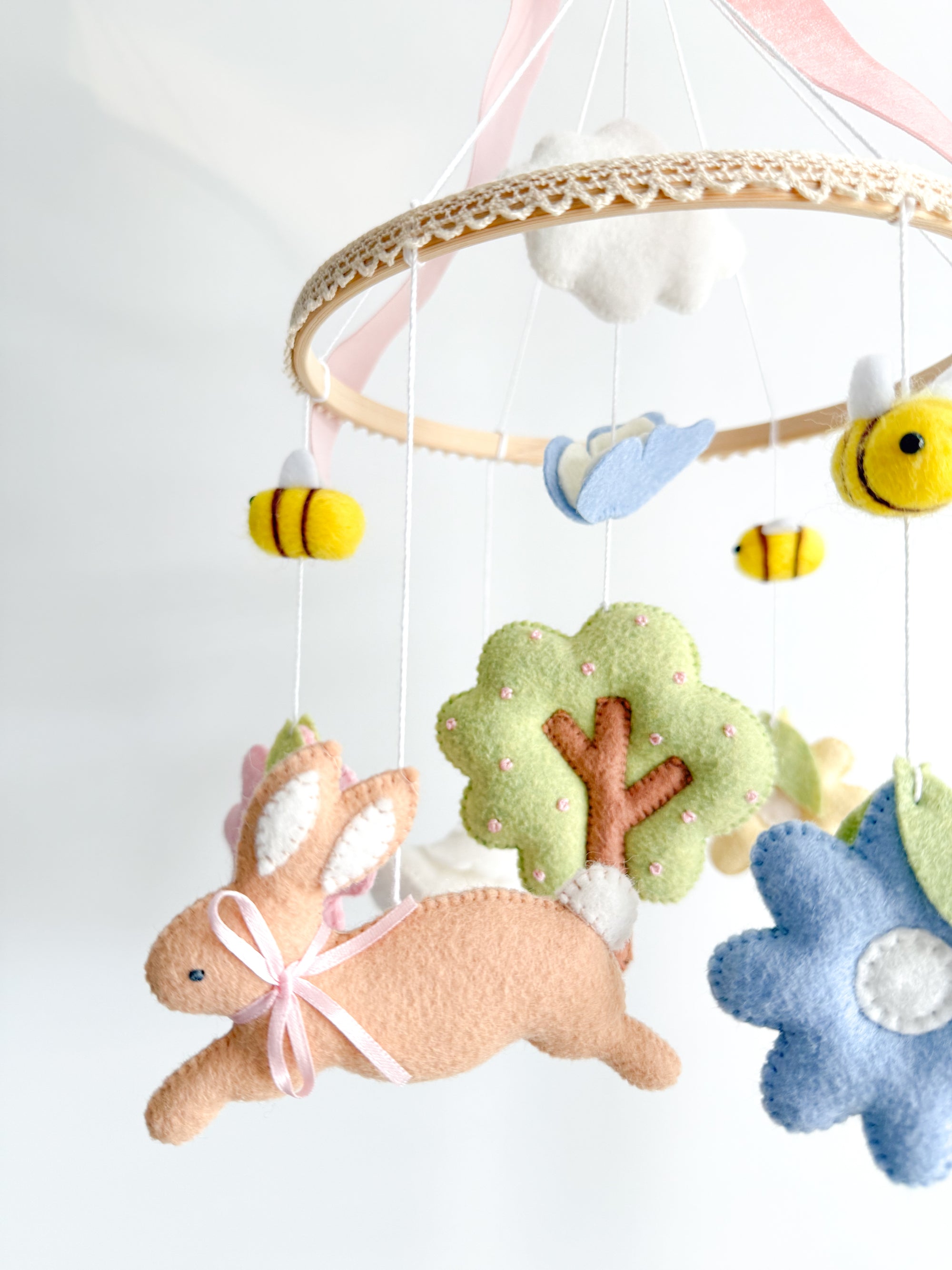 Pink garden rabbit mobile with flowers
