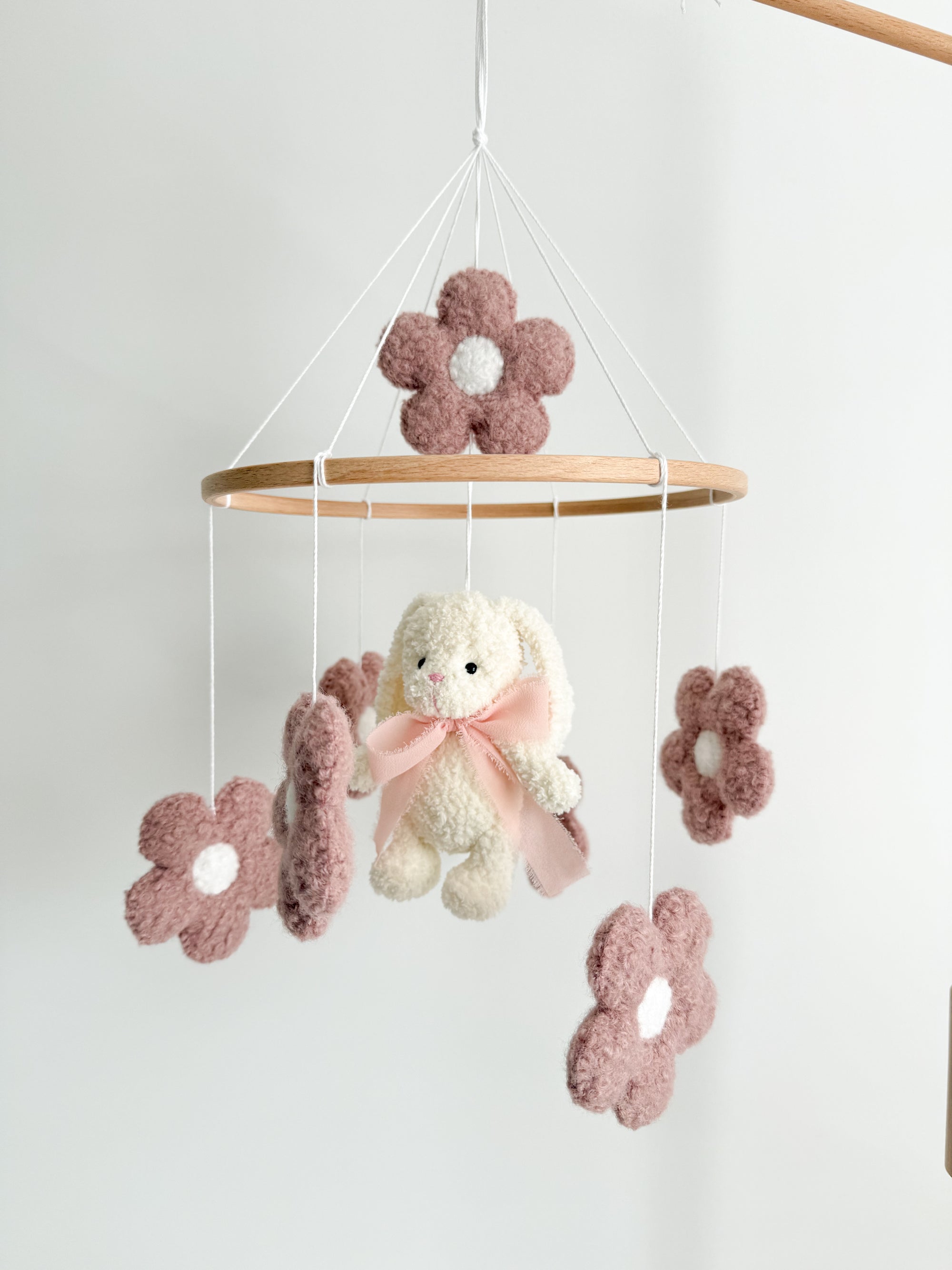 Boucle mobile with ivory bunny and flowers