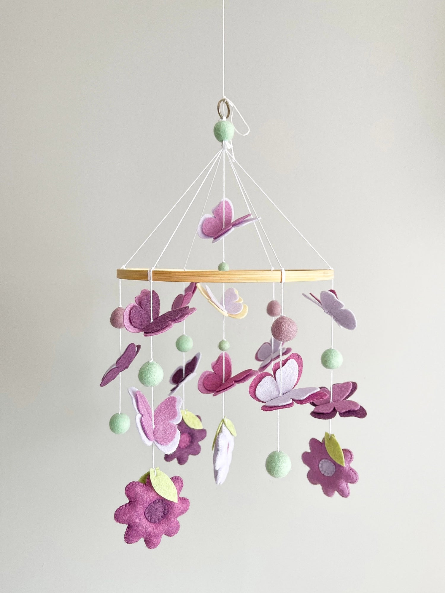 Purple mobile with butterflies and flowers