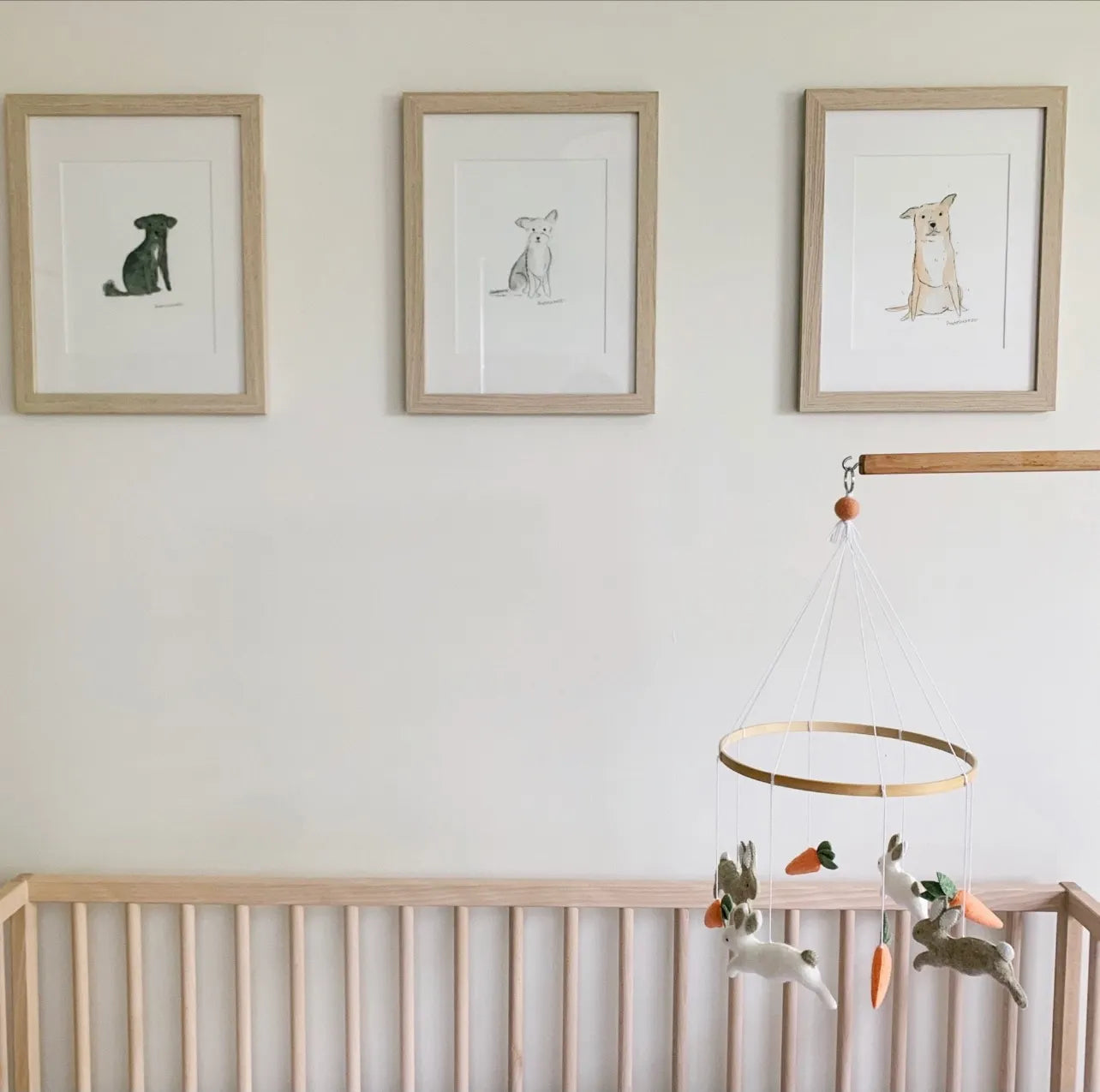 Minimalist bunny mobile with carrots